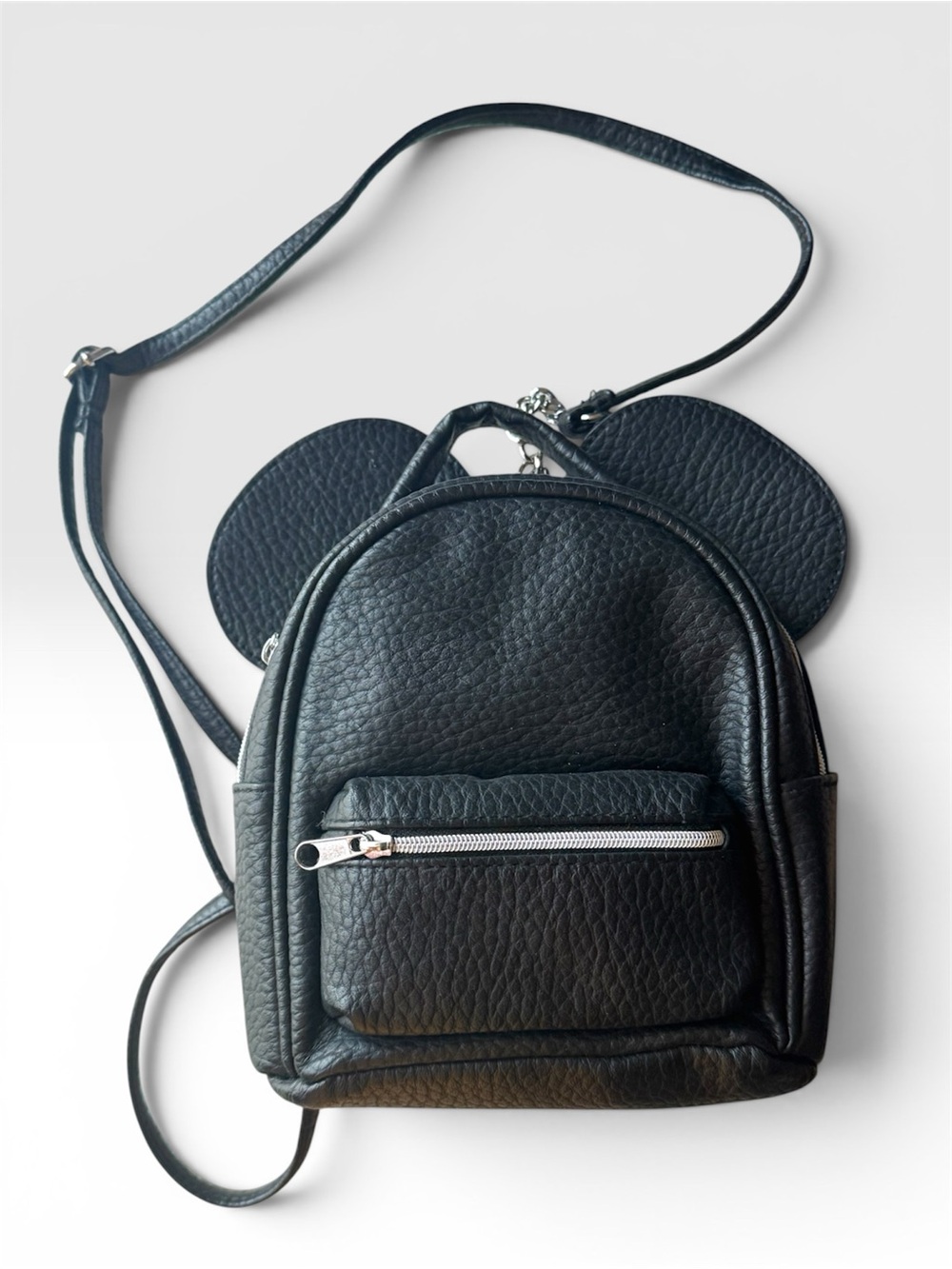 Mini Black Faux-Leather Backpack with Ear Accent